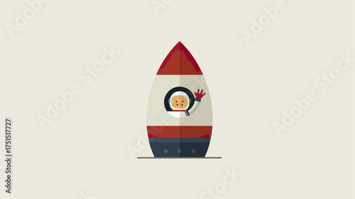 Rocket ship illustration with astronaut waving in space