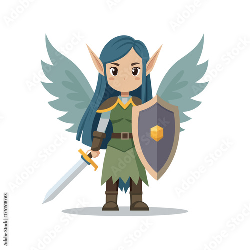 Chibi elf warrior with wings shield and sword