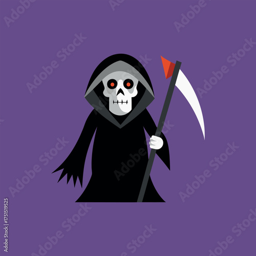 Cartoon grim reaper holding a scythe on a purple background