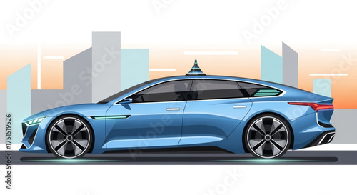 A futuristic blue selfdriving car glides through a modern cityscape, showcasing autonomous technology and sleek design
