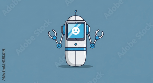 Illustration of a friendly robot with a smiling face on its screen, standing in a meditative pose against a soft blue background, conveying calmness