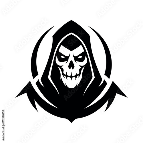 Grim reaper skull emblem with hooded silhouette