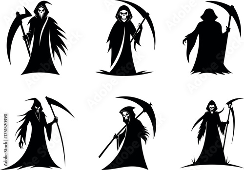 Six grim reaper silhouettes with scythes on white background