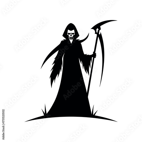 Grim reaper silhouette with scythe on white background