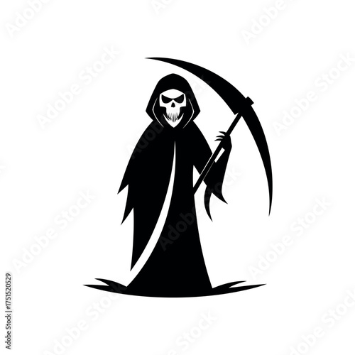 Grim reaper silhouette with scythe on white background