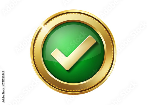 Golden oval frame surrounds a glossy green circle with a golden checkmark symbol