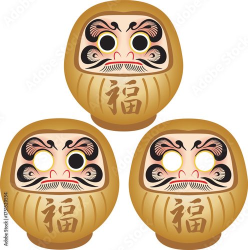 金色の達磨のセット。受験、合格、縁起物、お正月、和風　ベクターイラスト素材