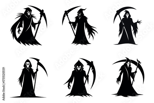 Six silhouette grim reapers with scythes in various poses
