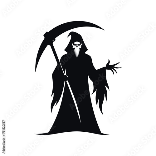 Silhouette of the grim reaper holding a scythe with outstretched hand