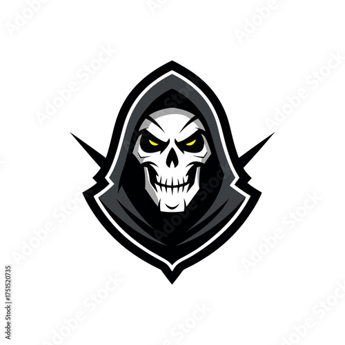 Grim reaper skull with glowing yellow eyes and scythes