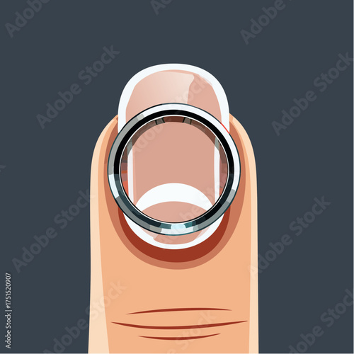 Close-up view of a silver wedding ring resting on a person's fingernail