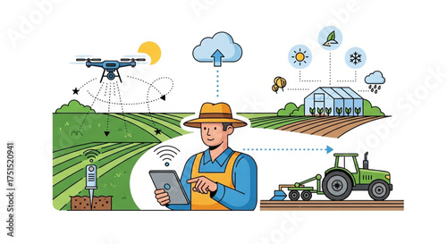 Smart agriculture concept showing a farmer, drone, tractor, and greenhouse on a farm modern technology in farming