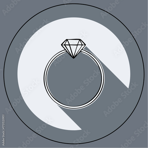 Modern minimalist graphic icon of a brilliant diamond engagement ring, presented with clean lines and long shadow, embodying everlasting love, commitment, and elegant jewelry design