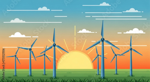 Wind turbines stand tall against the backdrop of a vibrant sunset, symbolizing clean energy and sustainable power generation in a picturesque landscape