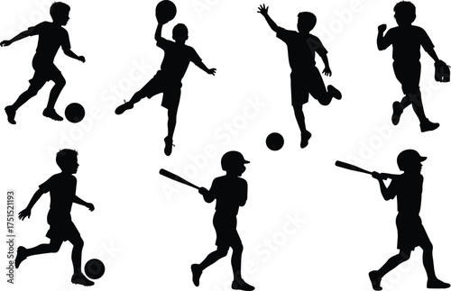 Children sports silhouette illustration, kids playing soccer basketball baseball, active lifestyle design, physical activity concept, youth recreation art, fitness training movement graphic, 