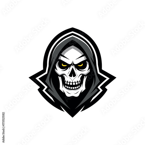 Grim reaper skull with yellow eyes in hooded cloak emblem