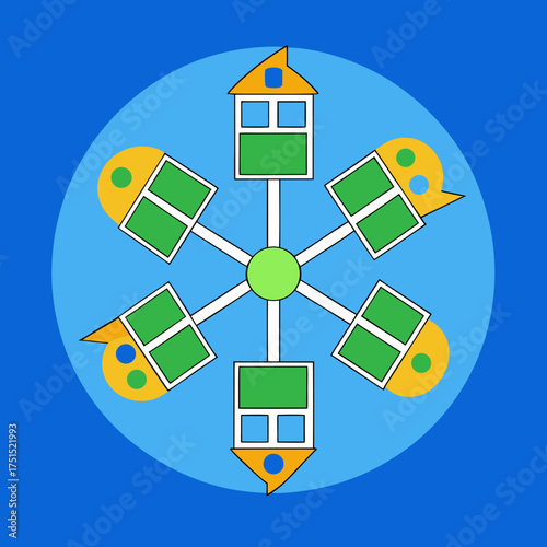 Schematic of a community powered by green renewable energy