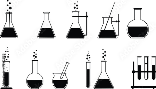 Laboratory glassware collection of beakers, flasks, test tubes with liquid and bubbles, science lab icons, chemical experiment silhouette set.