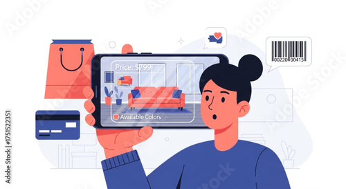 A woman is using augmented reality on her phone to view furniture in her home, with a shopping bag, credit card, and barcode nearby