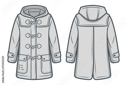 Duffle Coat CAD Drawing Template,  Flat Vector Illustration of Hooded Outerwear with Toggle Closures, Front and Back Views, Structured Garment Layout, and Fashion Design Technical Sketch