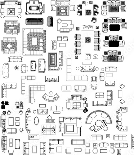 A large collection of black and white line art top-view illustrations of living room furniture, including sofas, tables, and various seating arrangements.