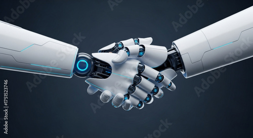 Closeup of a robotic hand shaking a human hand, symbolizing the collaboration between humans and artificial intelligence