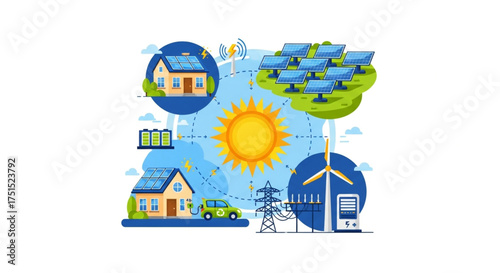 Green energy concept with solar panels, wind turbines, and electric vehicles powering homes and cities, vector illustration