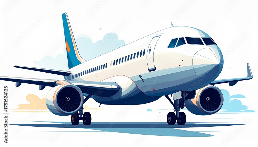 Fototapeta premium Commercial airplane on the runway preparing for takeoff, a symbol of travel and global connectivity, captured in a clear, bright illustration