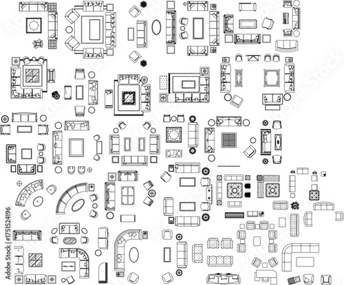 A large collection of black and white line art top-view illustrations of living room furniture, including sofas, tables, and various seating arrangements.