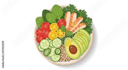 Overhead view of a nutritious chicken and avocado salad bowl with fresh spinach, tomatoes, and cucumbers