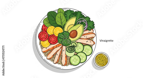 Overhead view of a healthy chicken and avocado salad bowl with fresh spinach, tomatoes, cucumbers, and vinaigrette