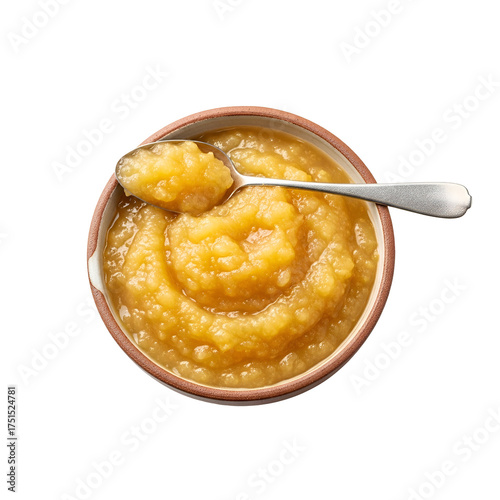 Bowl of applesauce with spoon isolated on transparent background