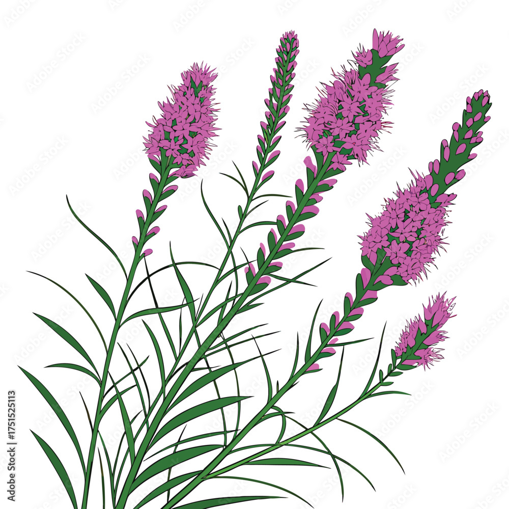 Naklejka premium Pink Liatris Spicata Flower Vector Graphic Illustration Delicate Spiked Gayfeather Design Element Botanical Clipart with Liatris Against Transparent Backdrop