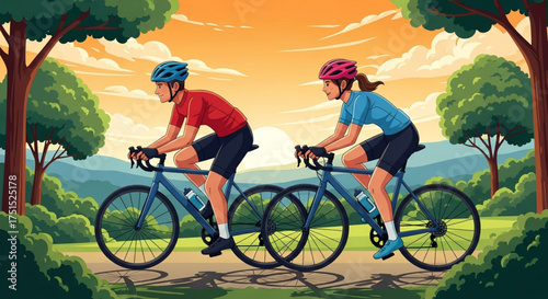 A couple is cycling through a scenic park, the warm sunset casting a golden glow on the trees and mountains, creating a peaceful and active atmosphere