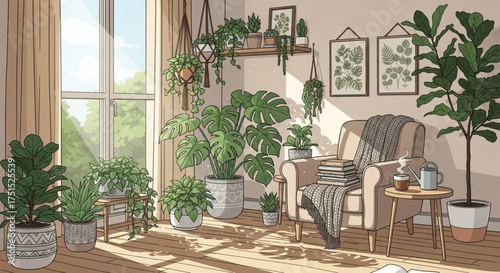 A cozy living room illustration filled with various potted plants, an armchair, a side table with a cup, and natural light streaming through the window