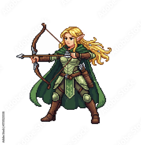 pixel art female elf archer aiming bow fantasy illustration