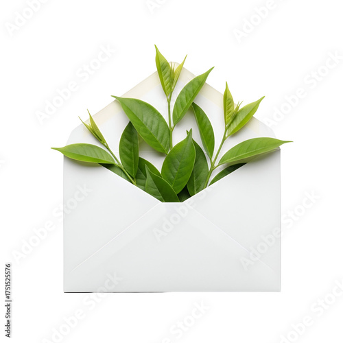 Green leaves emerging from an envelope isolated on transparent background