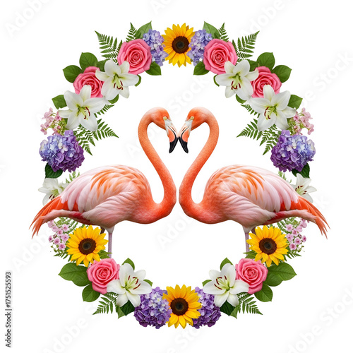 Two flamingos forming a heart shape in a floral wreath isolated on transparent background