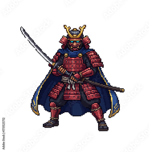 pixel art japanese samurai warrior holding katana sword illustration