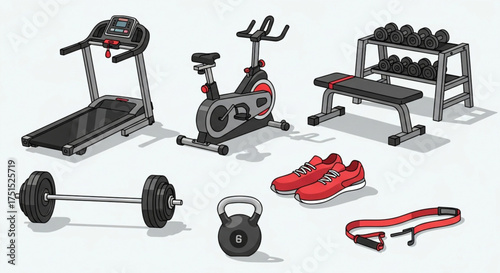 Gym equipment set with treadmill, exercise bike, barbell, dumbbells, kettlebell, sneakers, and resistance band for fitness training