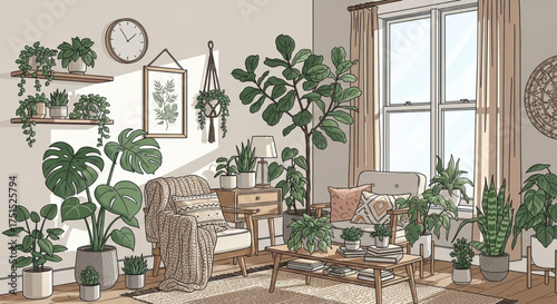 A cozy indoor space filled with an abundance of houseplants, creating a serene and inviting atmosphere with natural light streaming through the window