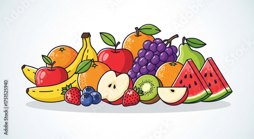 A vibrant assortment of fresh fruits, including apples, bananas, oranges, grapes, watermelon, and berries