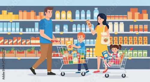 A family of four is shopping for groceries in a supermarket, with the parents pushing a shopping cart filled with food and drinks on the shelves