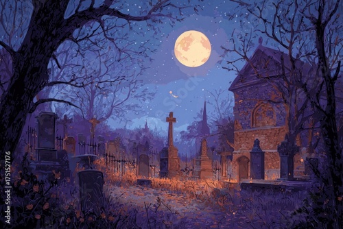 Halloween night mystery graveyard illustration