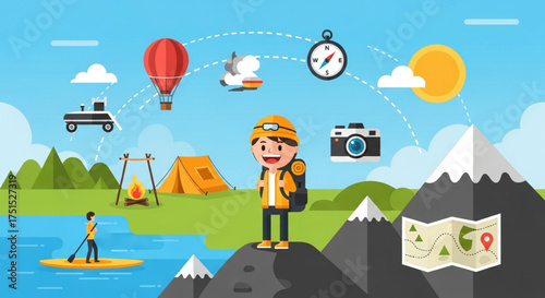 Adventurer standing on top of a mountain with travel icons floating around, including a hot air balloon, airplane, compass, camera, and map