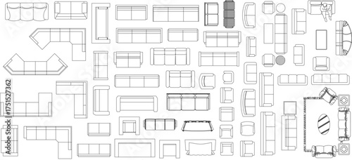 Black-and-white line sketches of various sofa and living room furniture layouts for interior design planning.