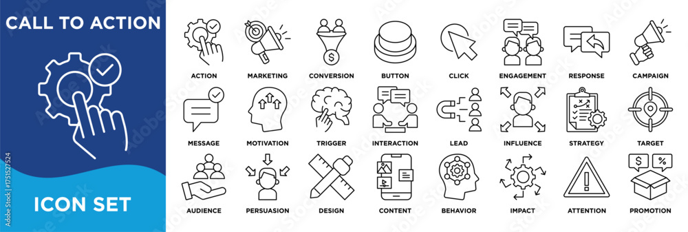 Naklejka premium call to action icon collection set. Containing action, marketing, conversion, button and click icon. Simple line vector