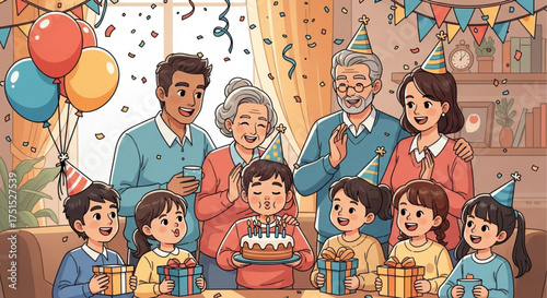 A heartwarming cartoon illustration of a multigenerational family celebrating a birthday with balloons, gifts, and a cake in a cozy, festive setting