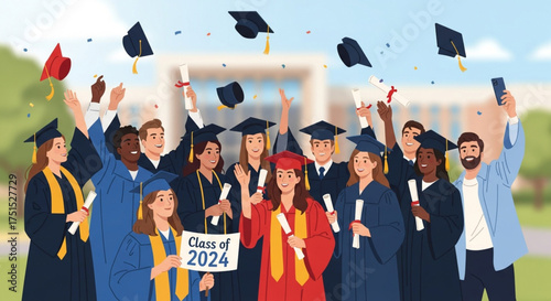 A group of graduating students from the class of 2024 celebrate their achievement by throwing their hats in the air with diplomas in hand, vector illustration