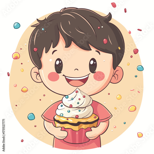 Joyful Boy Enjoying A Delicious Ice Cream Sundae With Colorful Dessert And Sprinkles , vector style simple color